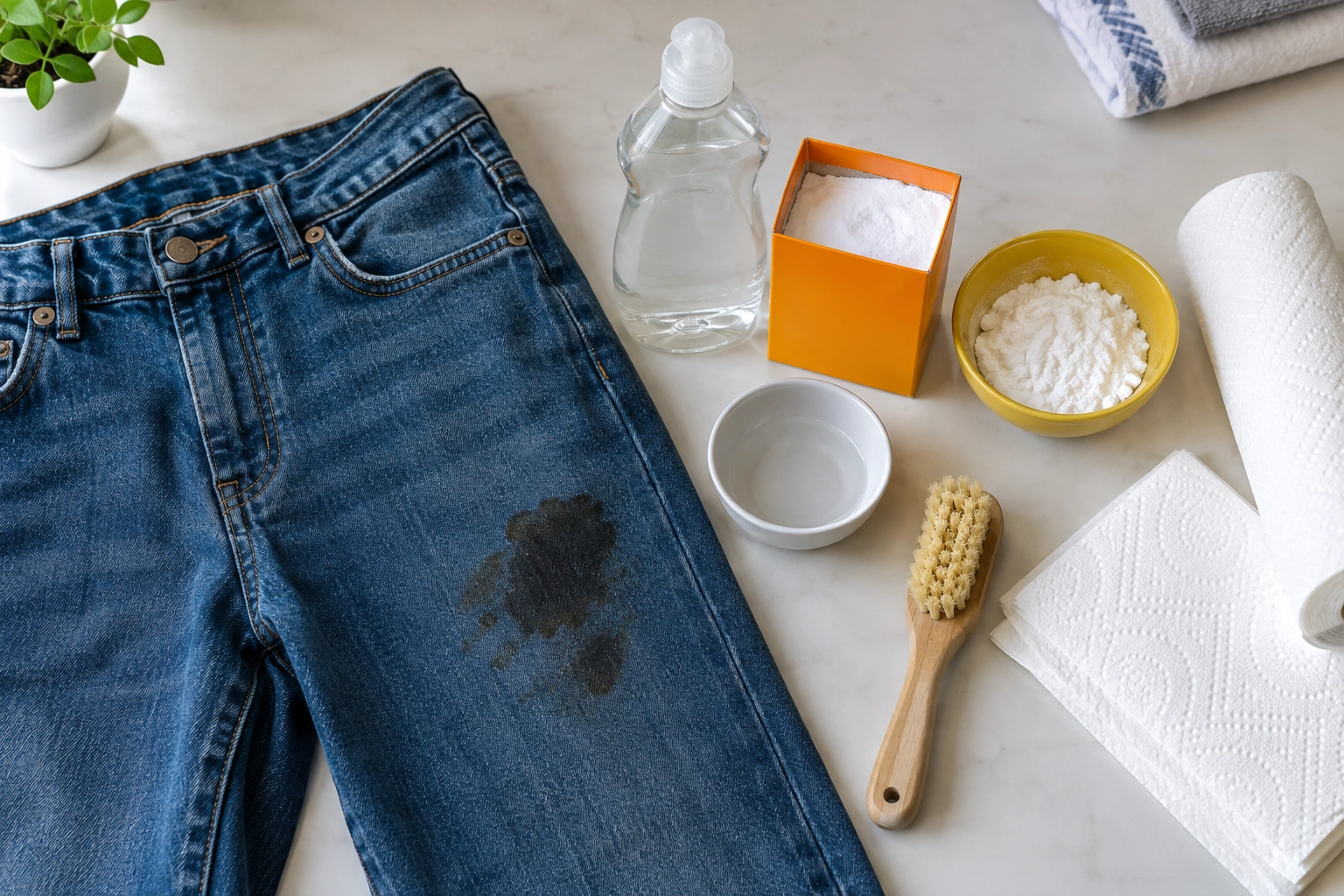 Clear dish soap, baking soda, cornstarch, and a cloth beside stained jeans