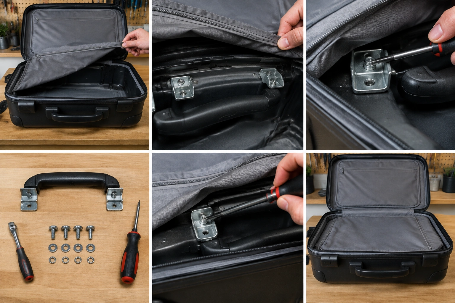 Open suitcase showing interior lining removed to access handle screws and mounting hardware