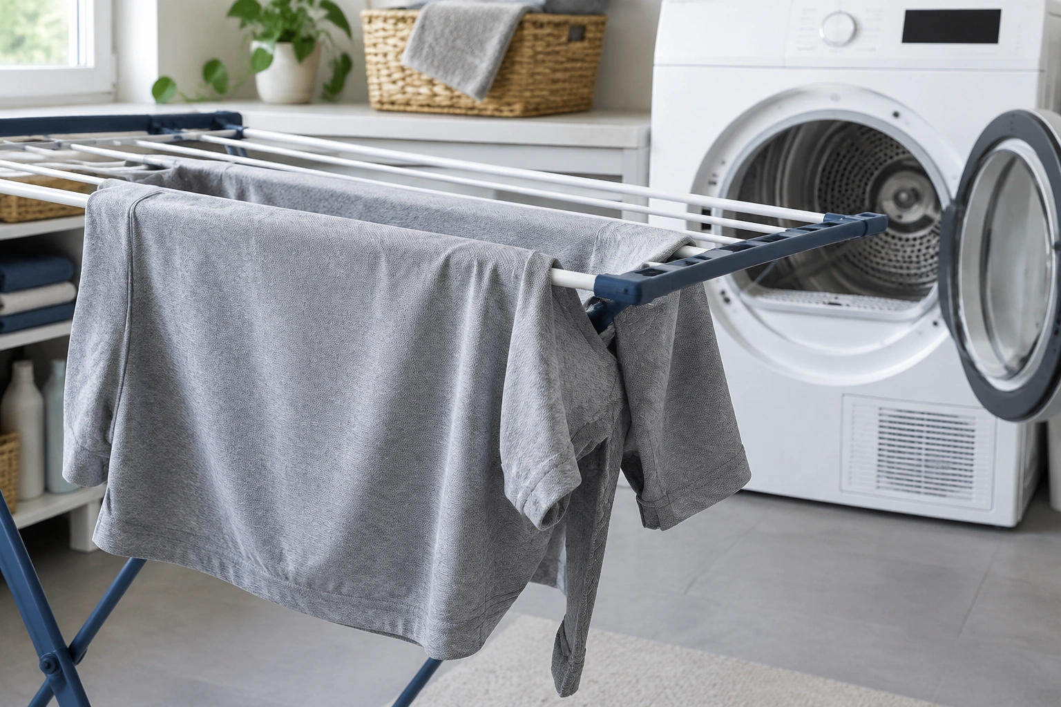 Polyester garment air-drying after stain treatment, with dryer in background