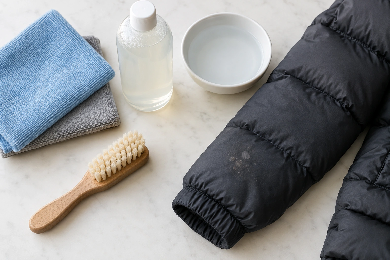 microfiber cloth, soft brush, mild detergent, and stain remover for puffer jacket cleaning