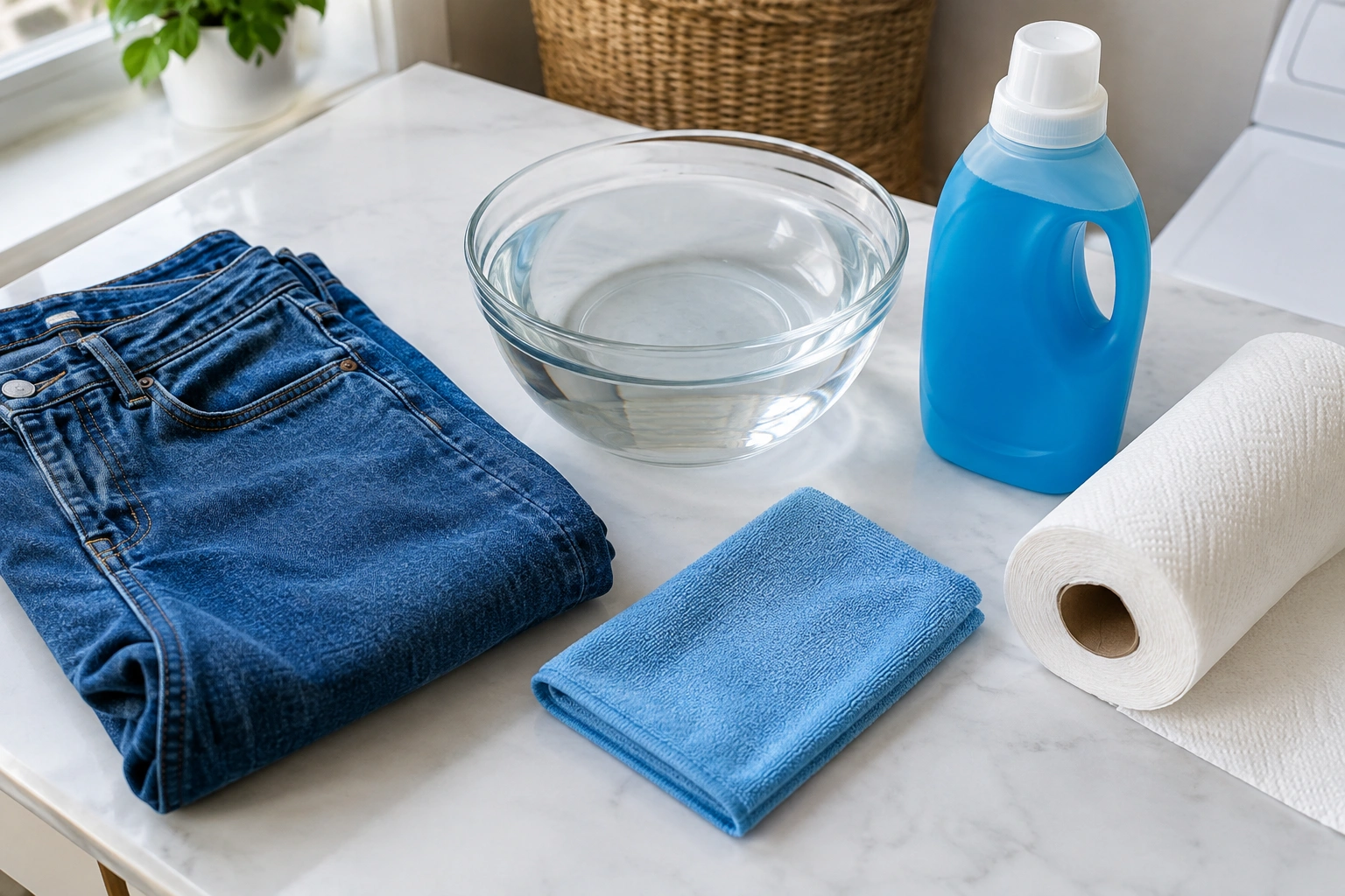 Cold water, detergent, cloth, and jeans for removing blood stains