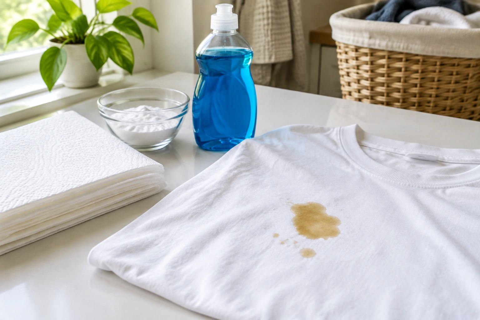 Hands blotting a fresh oil stain on a 100% cotton shirt with paper towel and powder nearby