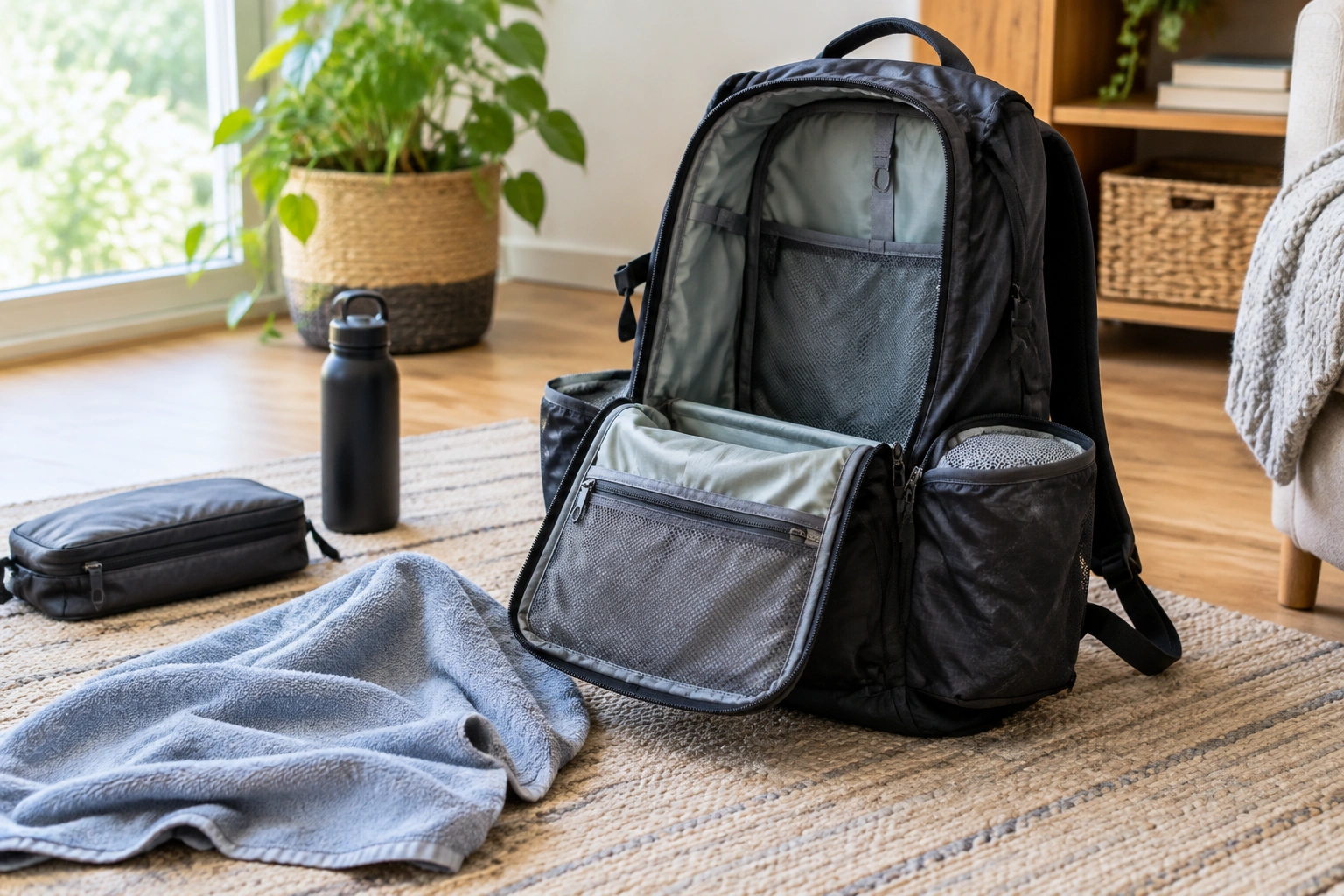 Backpack drying naturally after stain treatment
