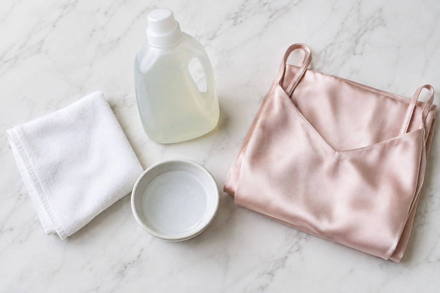 White cloths, cold water, and silk-safe cleaning supplies for stain removal