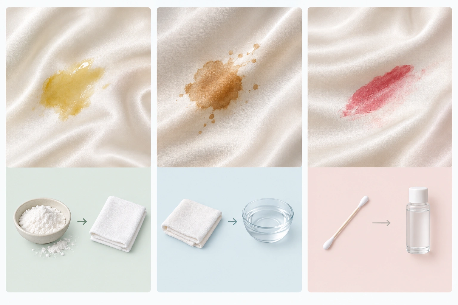 A comparison-style image showing oil, coffee, and makeup stain care on silk