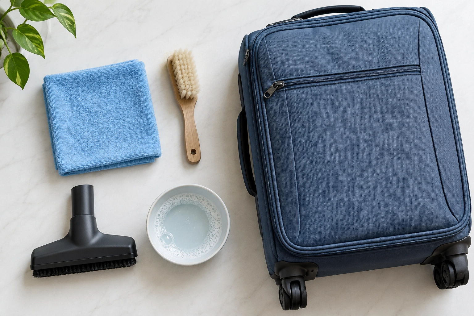 microfiber cloth, soft brush, vacuum attachment, and mild soap for cleaning soft shell luggage