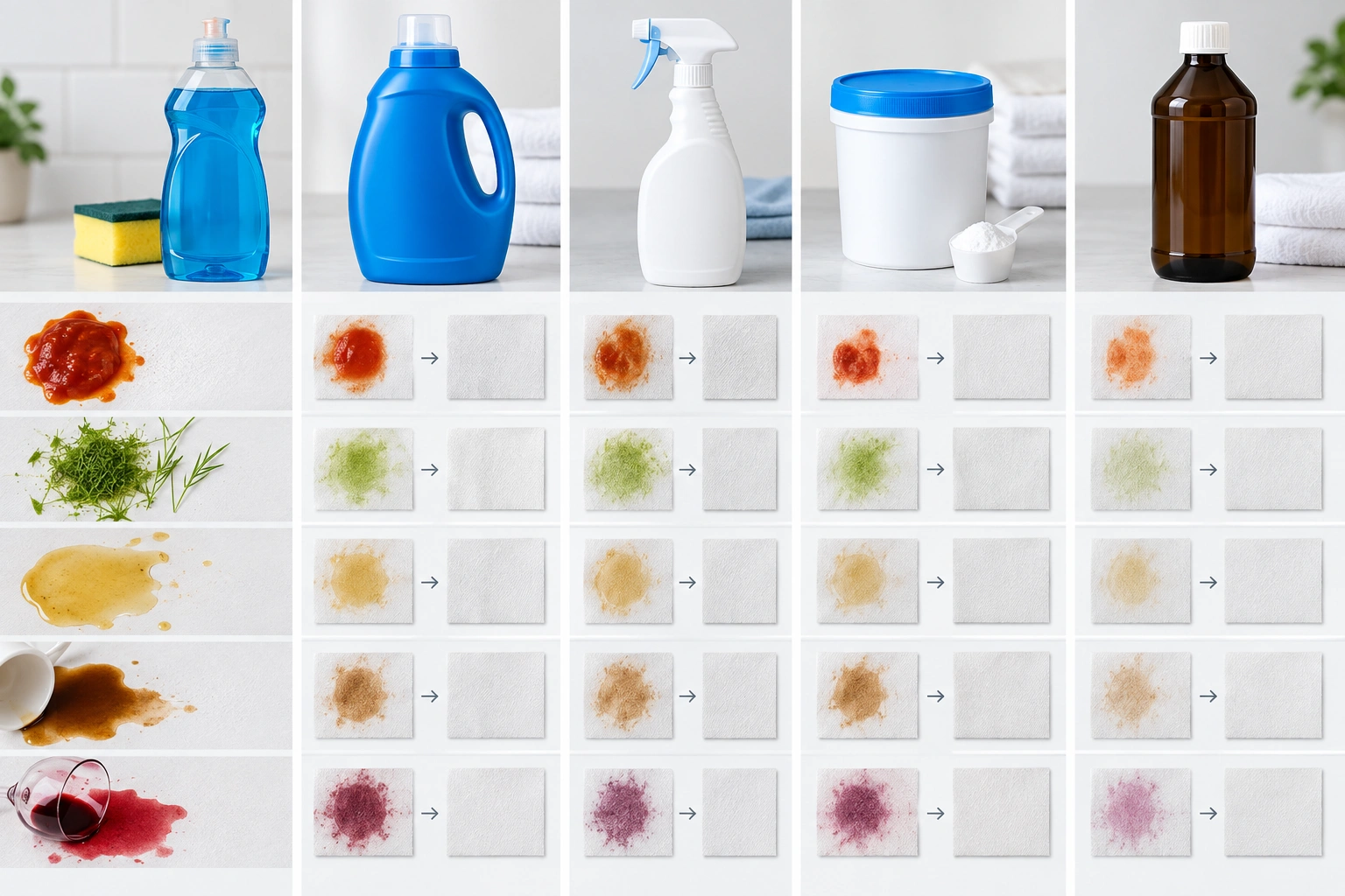 Comparison of dish soap, detergent, enzyme remover, and oxygen bleach for clothes