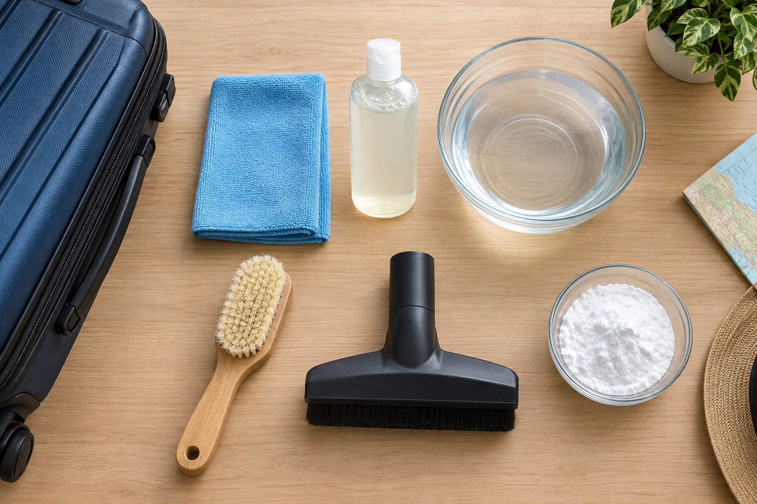 microfiber cloth, mild soap, vacuum, and soft brush for suitcase cleaning
