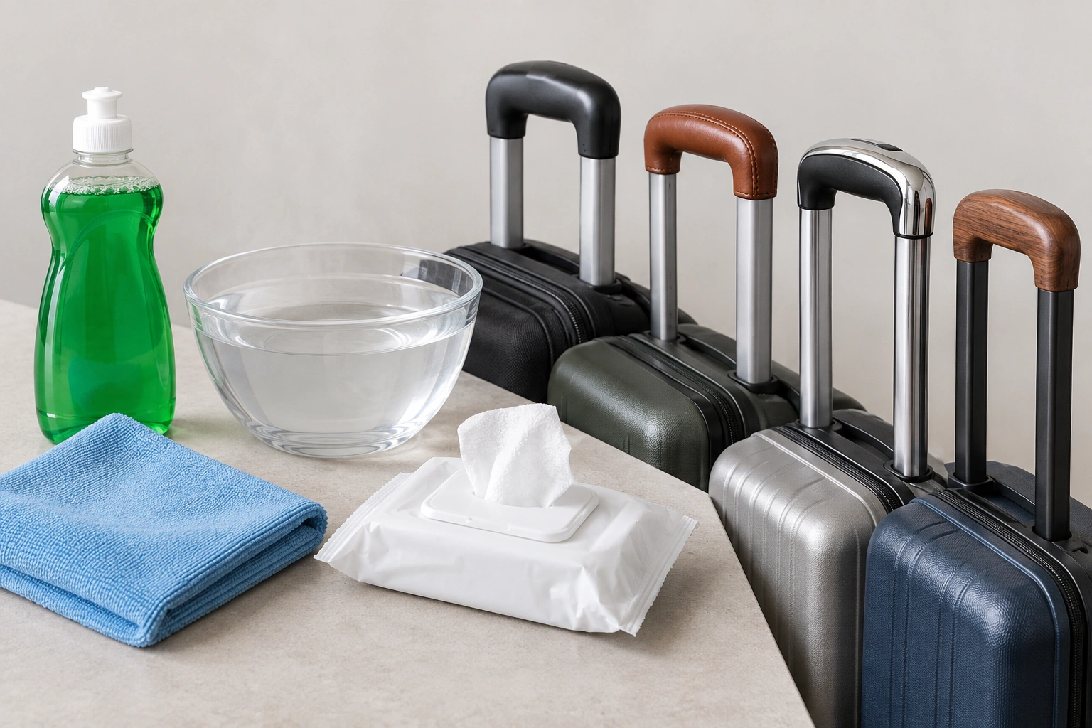 microfiber cloth, mild soap, and disinfecting wipe beside suitcase handles