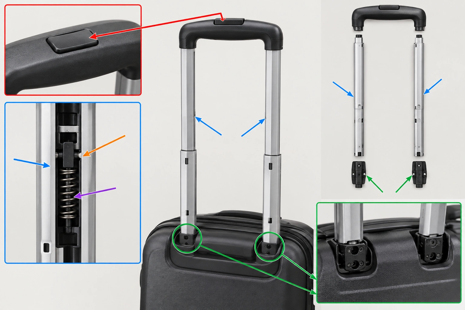 Diagram of suitcase handle parts including buttons rails and mounting points