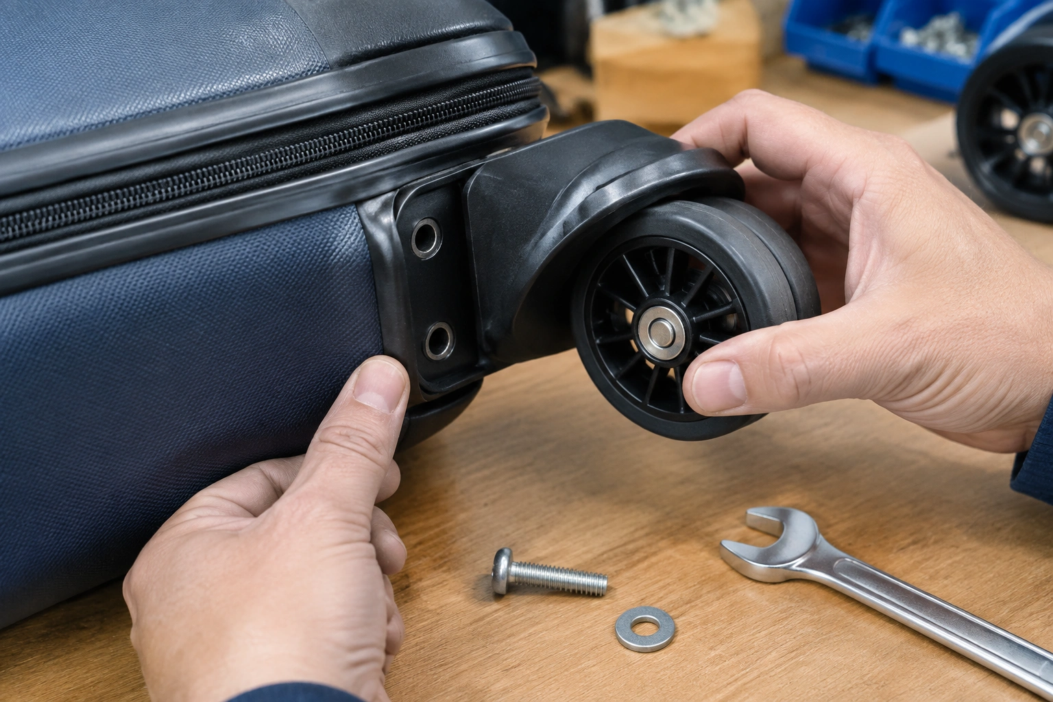Replacement suitcase wheel being aligned with mounting holes before installation