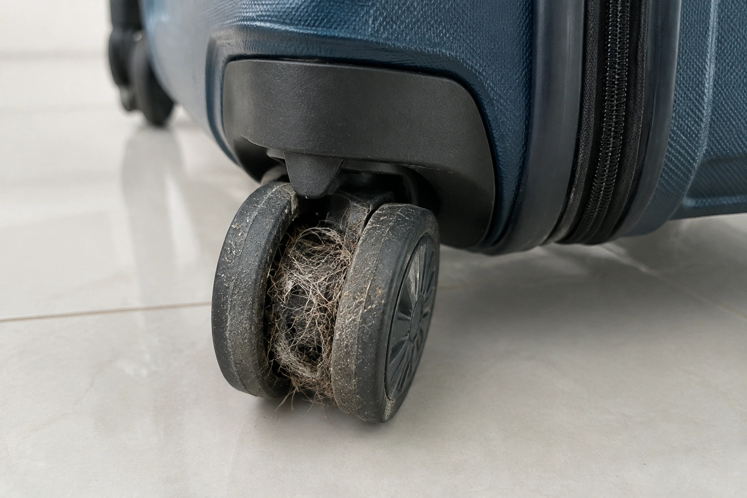 Close-up of a suitcase wheel packed with dirt and hair