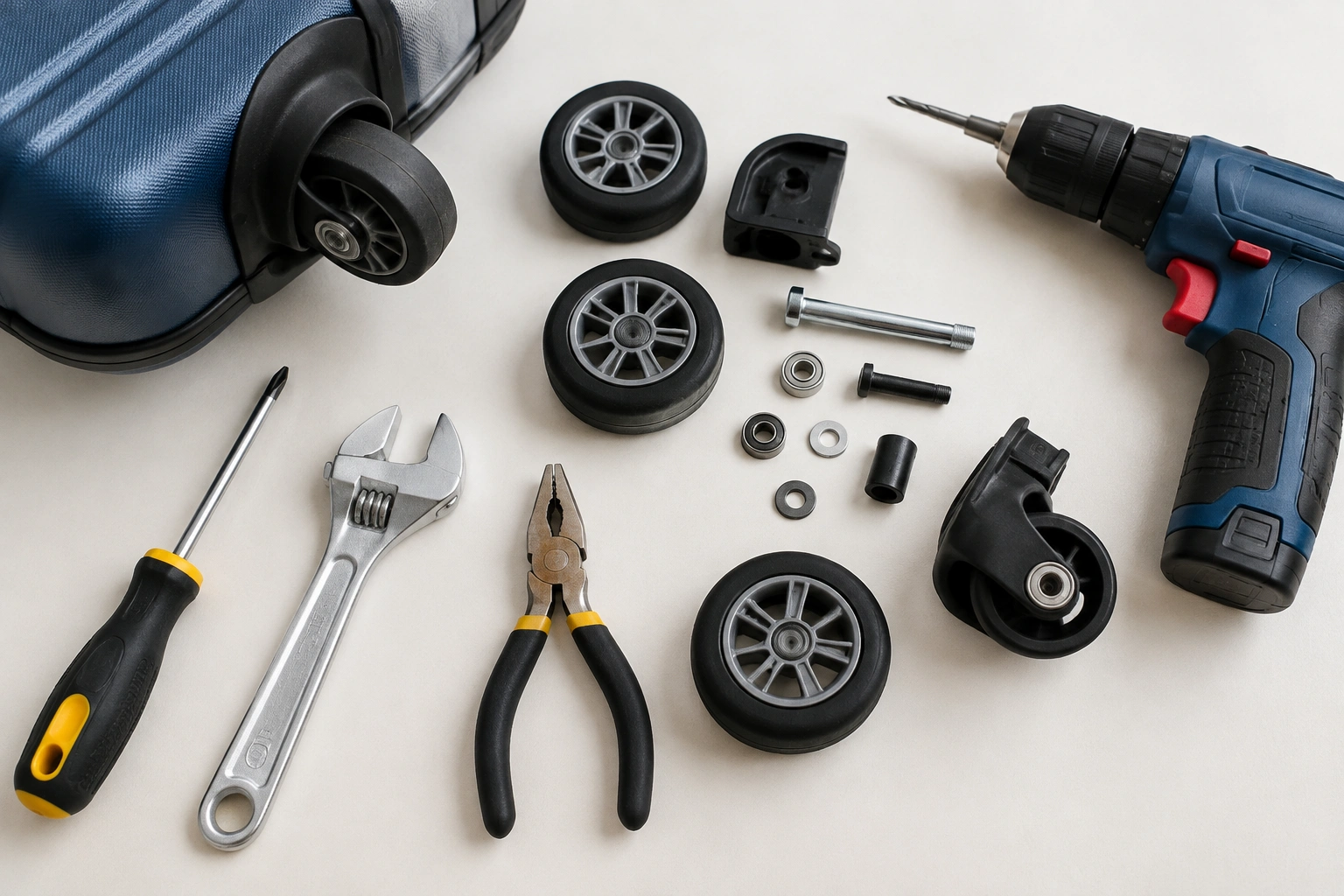 Suitcase wheel repair tools laid out on a flat surface