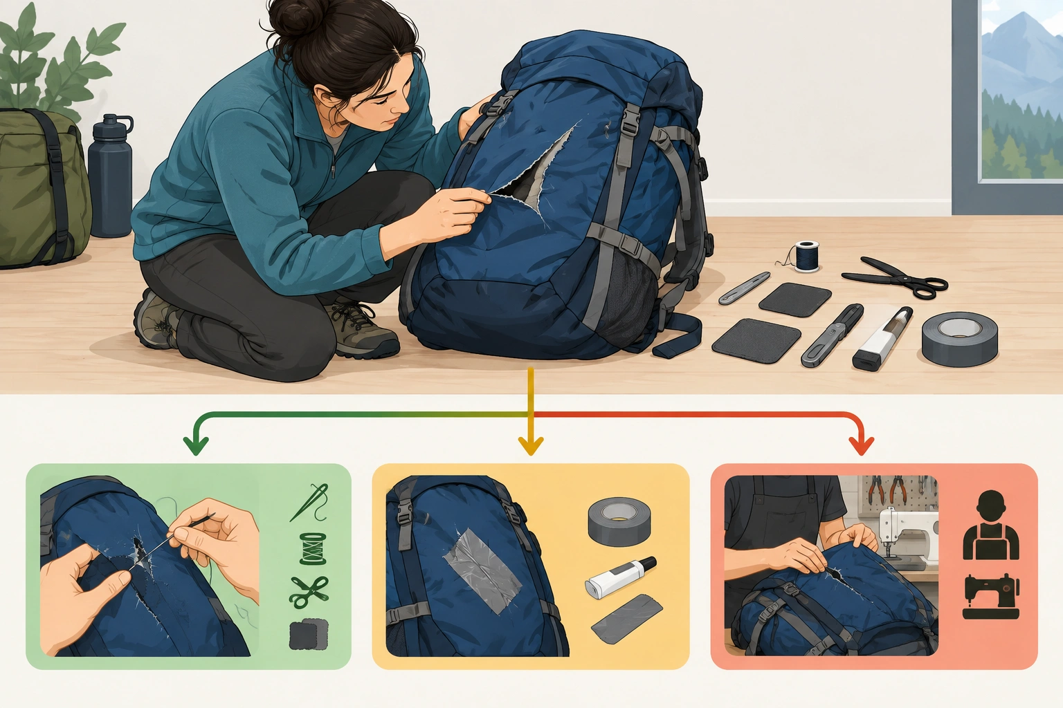 Decision guide showing when a torn backpack can be repaired at home