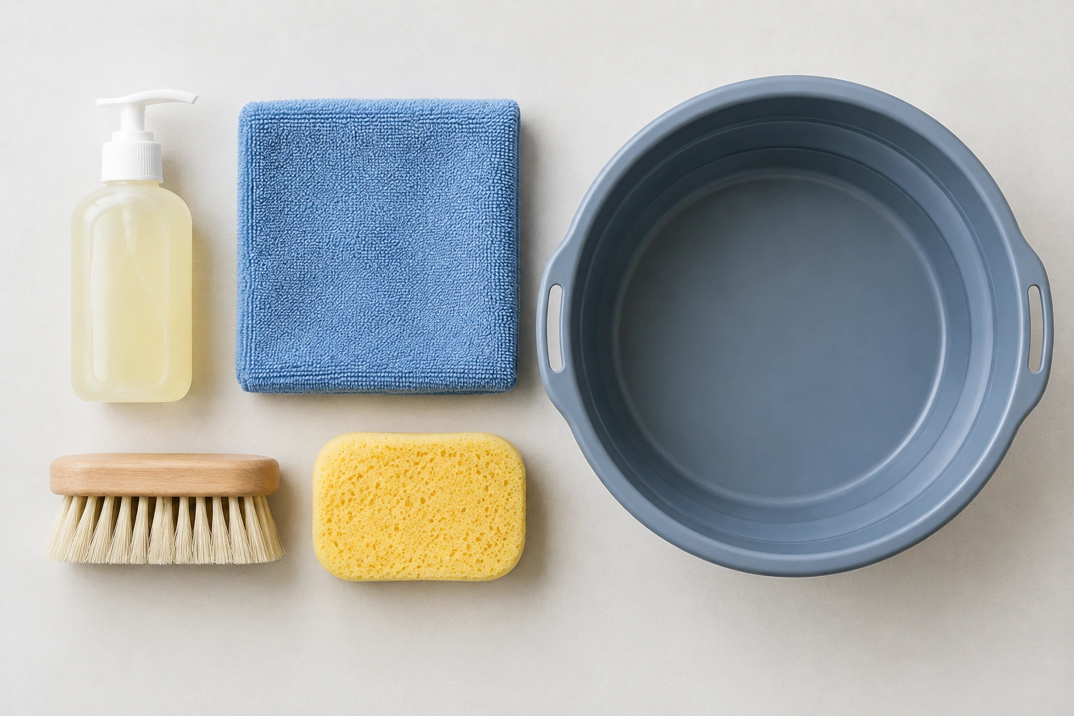 Mild soap, microfiber towel, soft brush, sponge, and basin for cleaning a water-resistant backpack