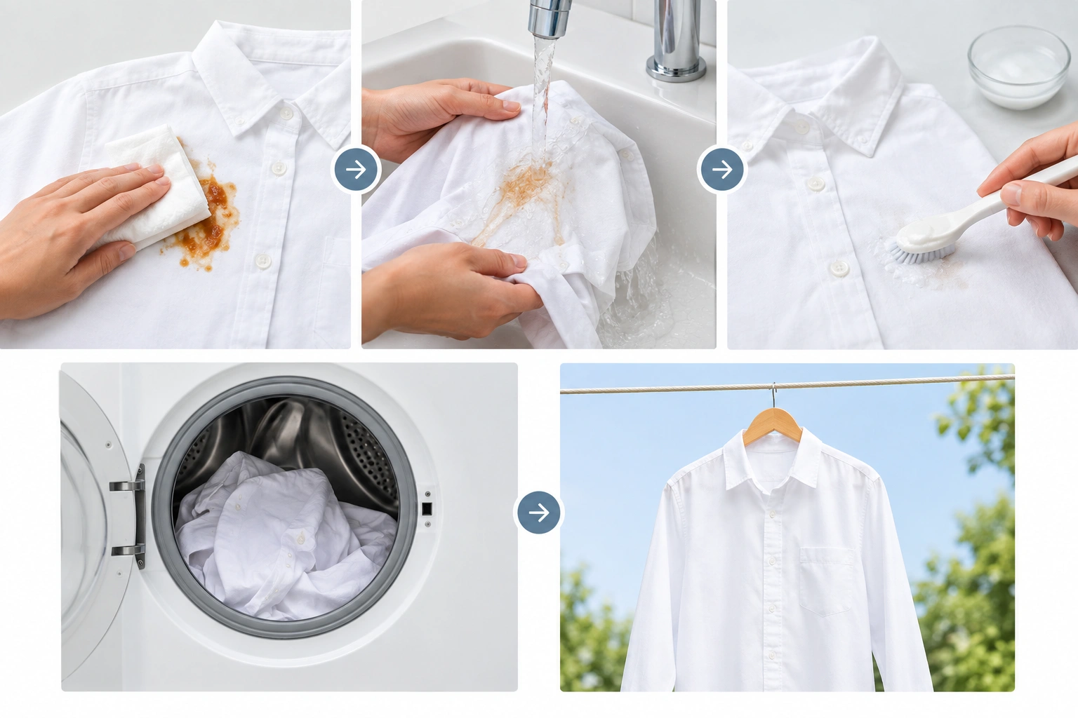 Step-by-step white clothes stain removal workflow