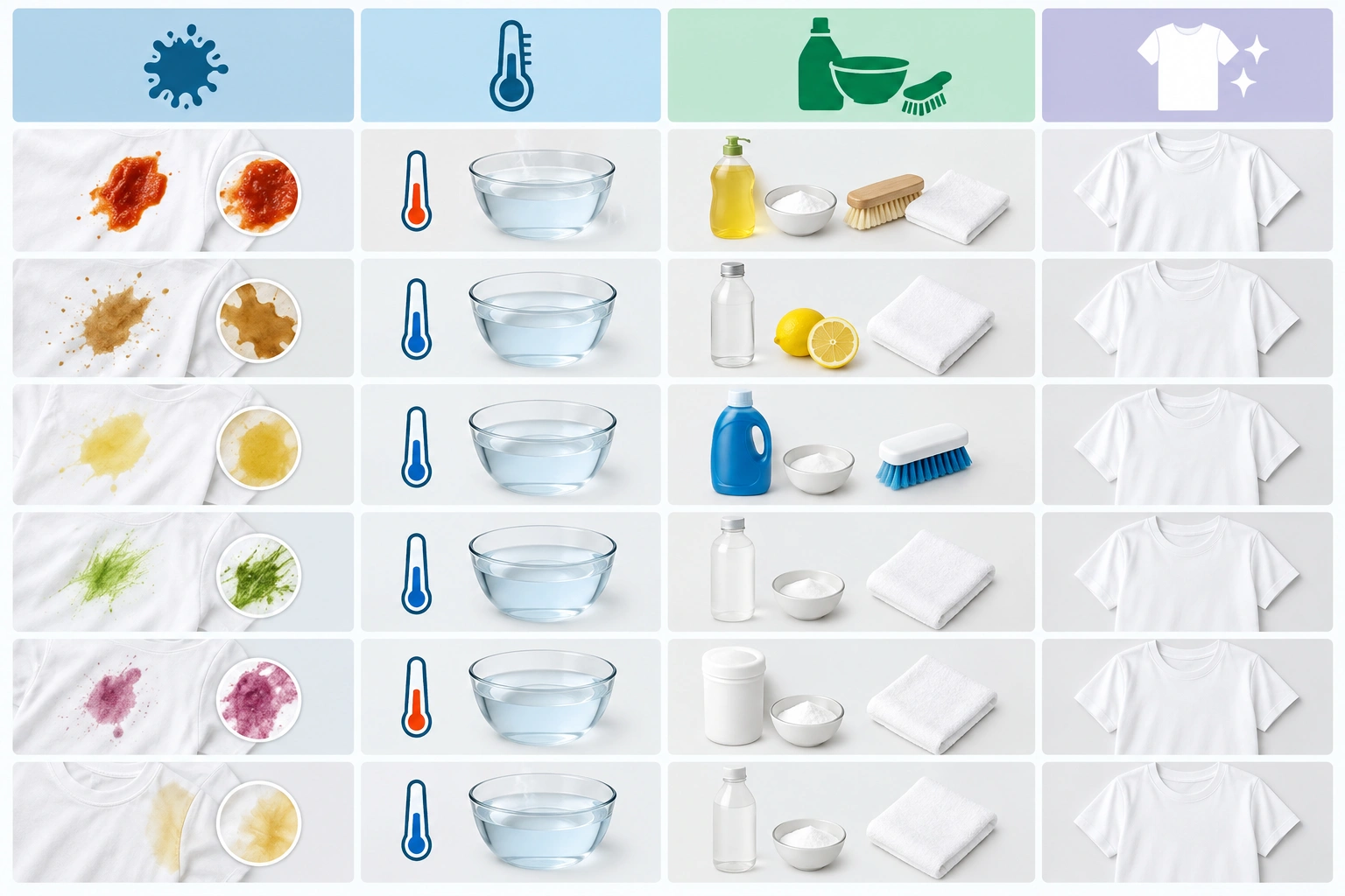Comparison table of stain types and recommended white clothing treatments