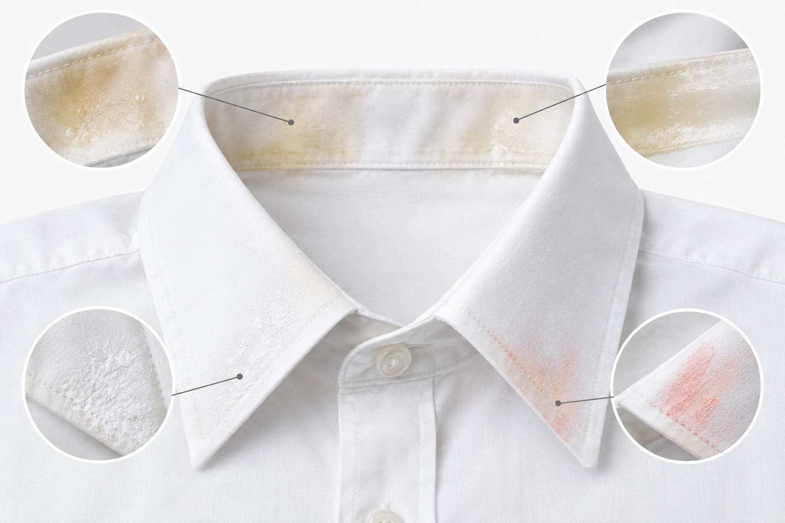 White shirt collar with examples of sweat, oil, and deodorant buildup