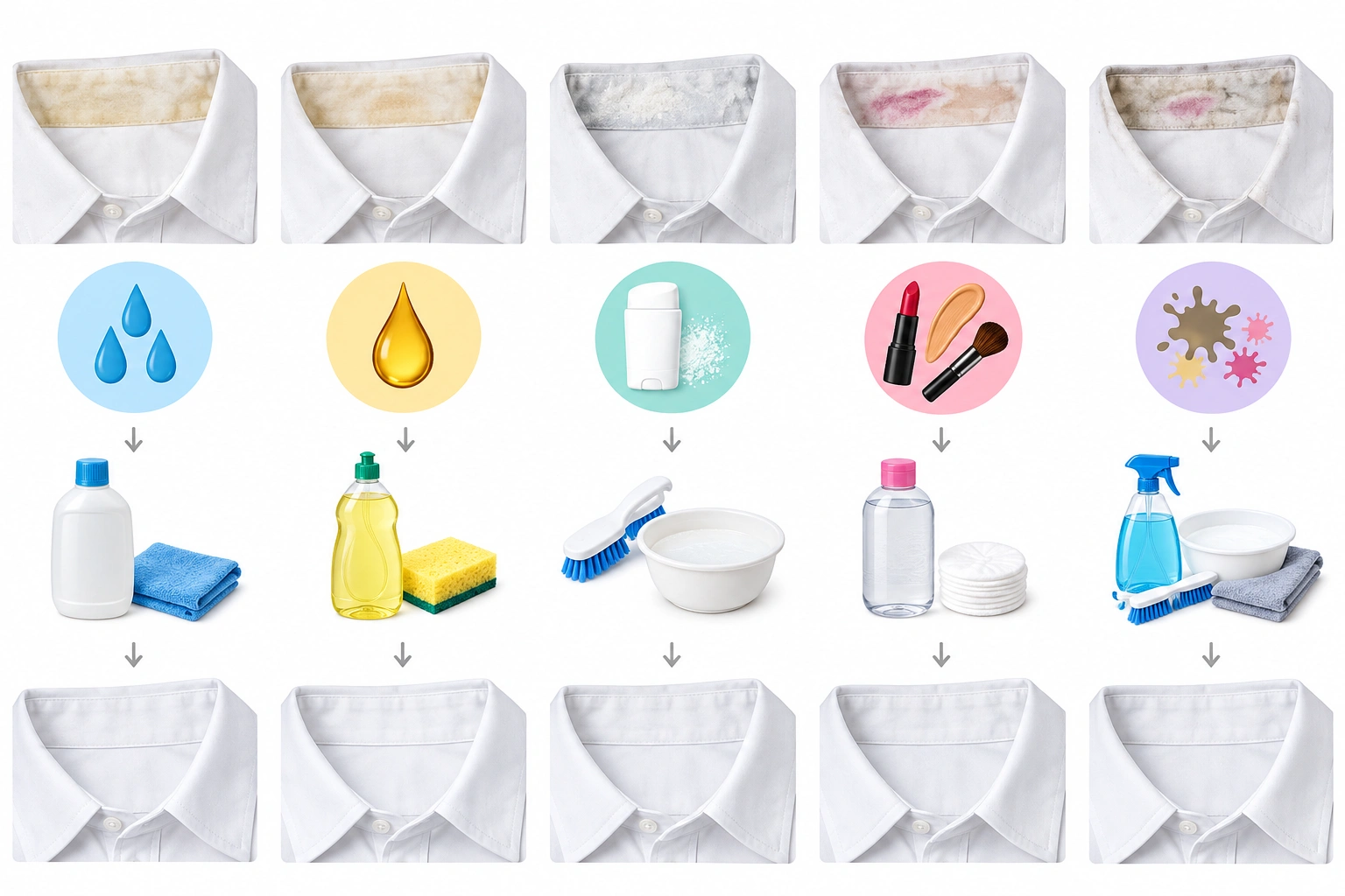 Comparison table of stain treatments for sweat, oil, makeup, and mixed collar grime